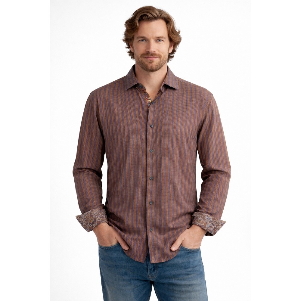 Robert Graham Button Down Shirt Mens 2XL Flip Cuff‎ Embroidered Cotton Silk Trim